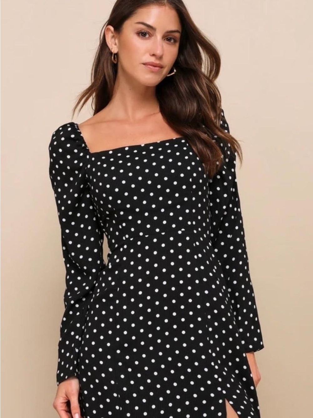 Lulus Black Polka Dot Long Sleeve Square Neck Dress